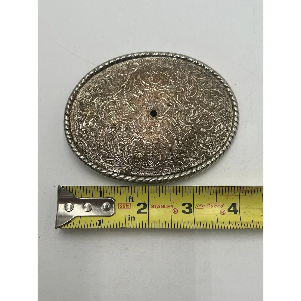 Vintage Western Floral Scroll Belt Buckle Silver Tone Rope Edge Made in USA